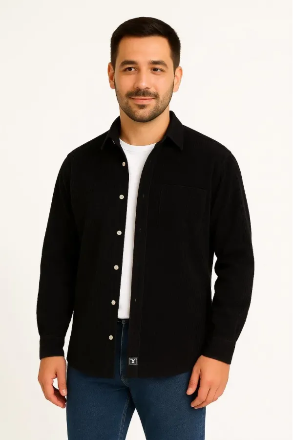 Erkek Fitilli Kadife Cepli Gömlek Oversize Rahat Kalıp - Siyah