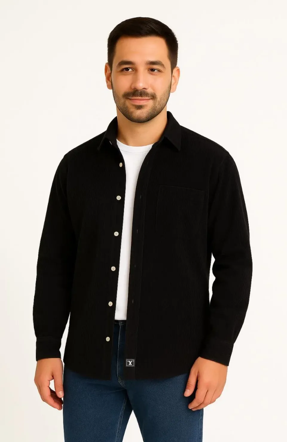 Erkek Fitilli Kadife Cepli Gömlek Oversize Rahat Kalıp - Siyah