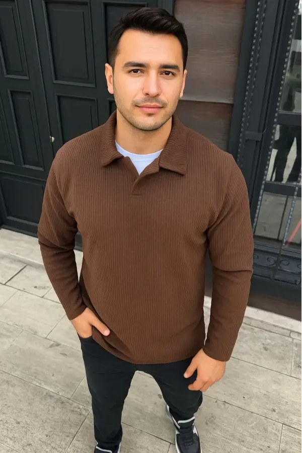 Erkek Fitilli Polar Sweatshirt – Düğmesiz Polo Yaka, Oversize Rahat Kalıp, Kalın Polar Kumaş, Kışlık ve Baharlık Şık Günlük Üst - Kahverengi