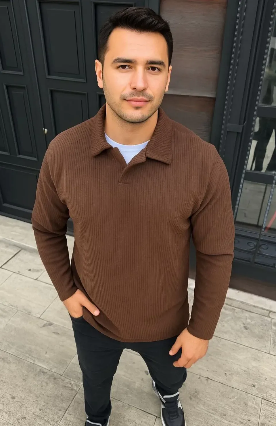 Erkek Fitilli Polar Sweatshirt – Düğmesiz Polo Yaka, Oversize Rahat Kalıp, Kalın Polar Kumaş, Kışlık ve Baharlık Şık Günlük Üst - Kahverengi Somersan Giyim | Kadın, Erkek ve Çocuk Moda