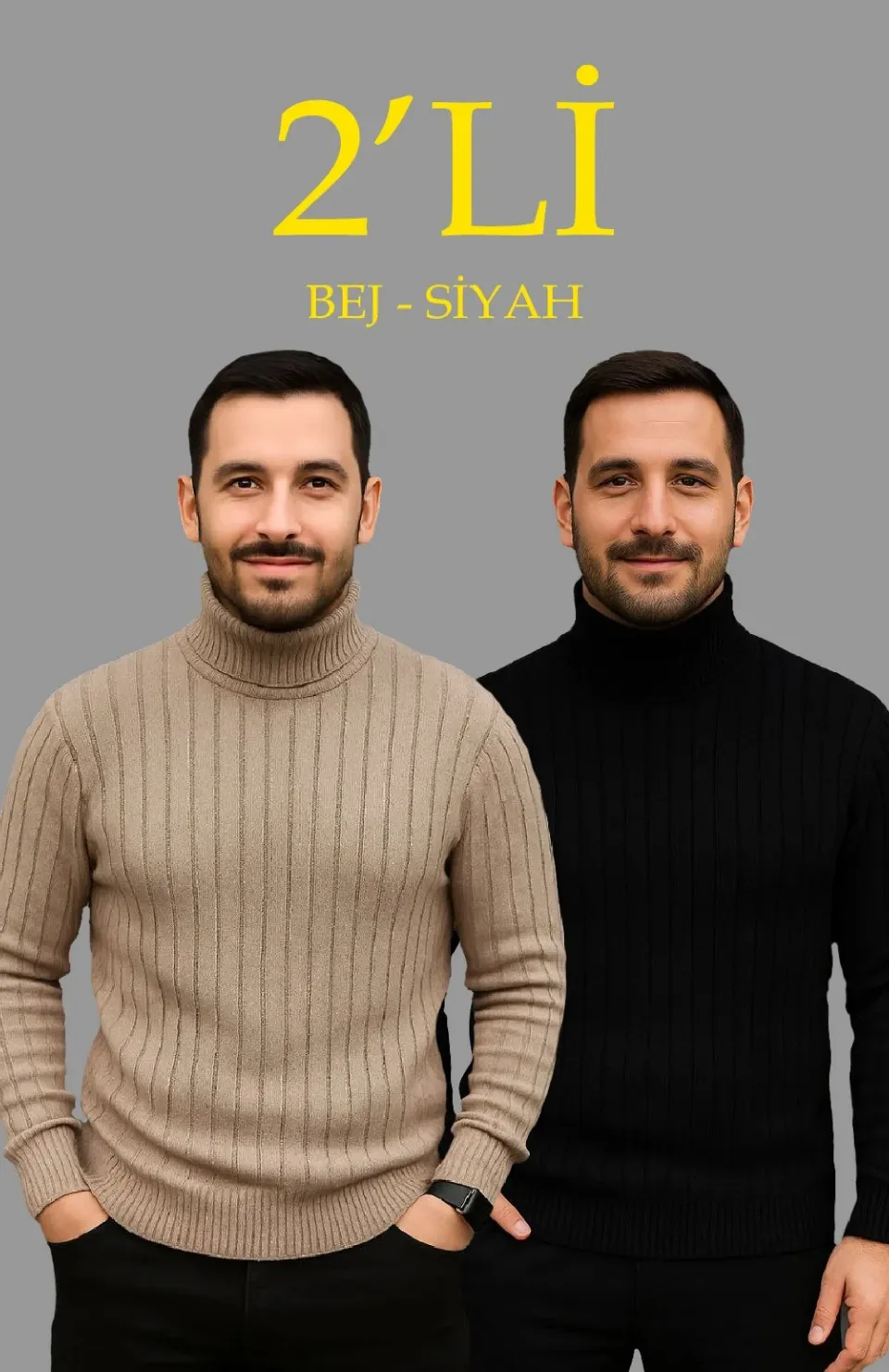 Erkek Fitilli Triko Kazak 2li Set Bej Siyah Regular Balıkcı Yaka Tam Boğazlı Triko Seti Modeli Kazak Somersan Giyim | Kadın, Erkek ve Çocuk Moda