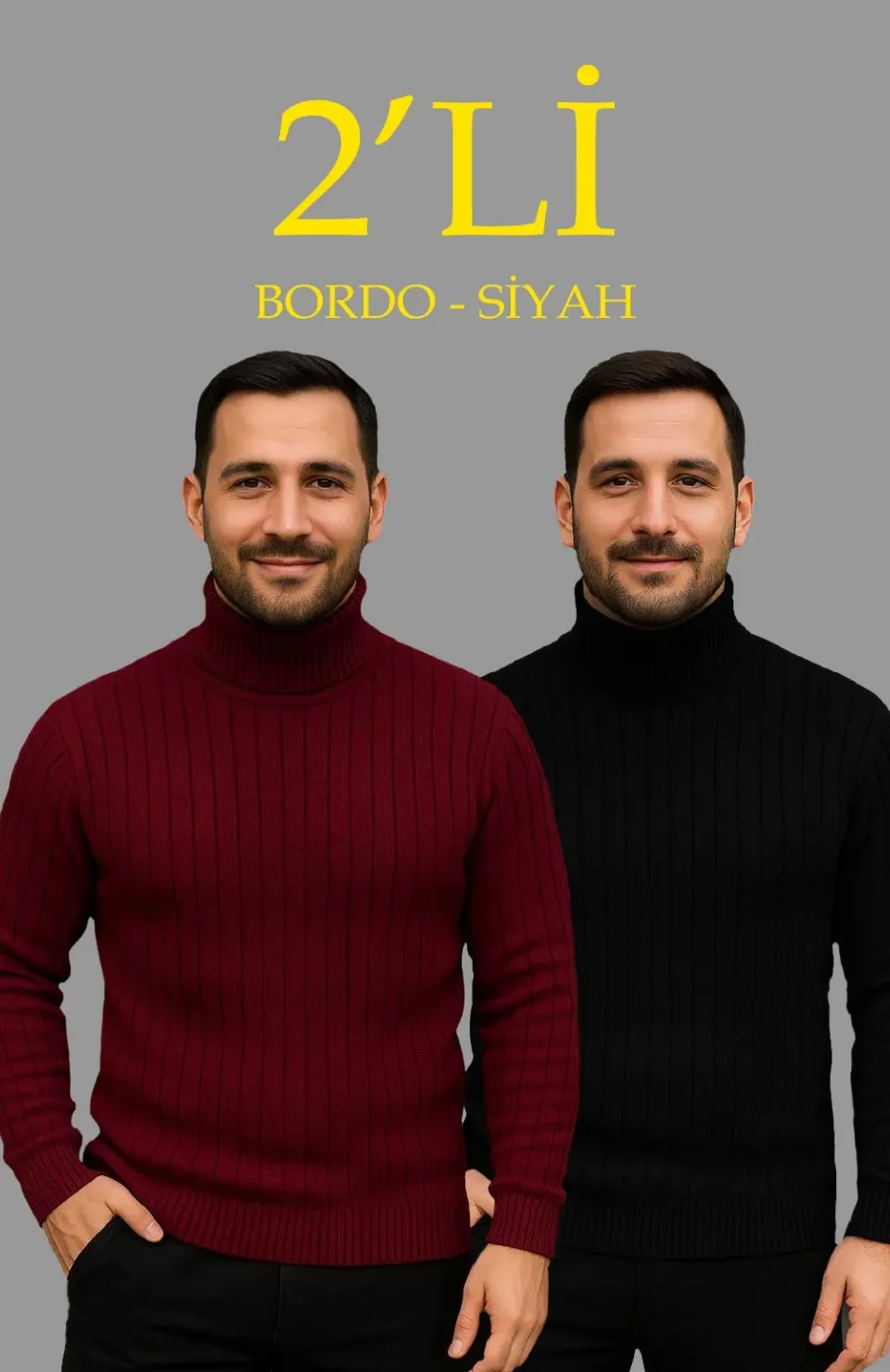 Erkek Fitilli Triko Kazak 2li Set Bordo Siyah Regular Balıkcı Yaka Tam Boğazlı Triko Seti Modeli Kazak Somersan Giyim | Kadın, Erkek ve Çocuk Moda