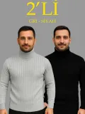 Erkek Fitilli Triko Kazak 2li Set Gri Siyah Regular Balıkcı Yaka Tam Boğazlı Triko Seti Modeli Kazak Somersan Giyim | Kadın, Erkek ve Çocuk Moda