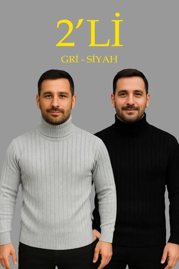 Erkek Fitilli Triko Kazak 2'li Set Gri Siyah Regular Balıkcı Yaka Tam Boğazlı Triko Seti Modeli Kazak