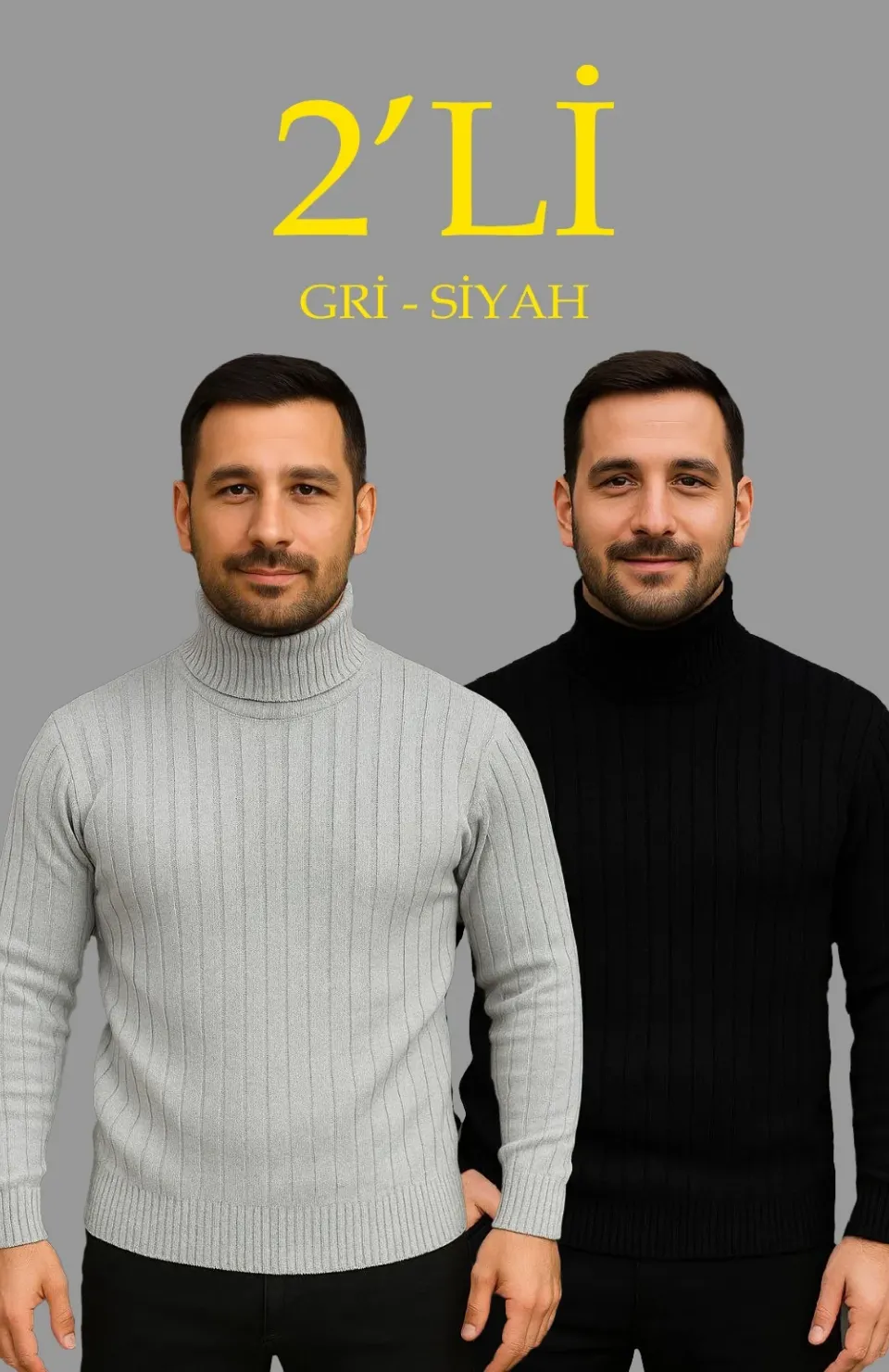Erkek Fitilli Triko Kazak 2li Set Gri Siyah Regular Balıkcı Yaka Tam Boğazlı Triko Seti Modeli Kazak Somersan Giyim | Kadın, Erkek ve Çocuk Moda