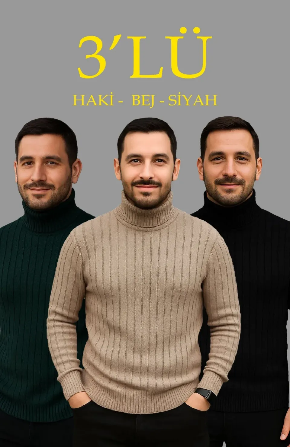 Erkek Fitilli Triko Kazak 3lÜ Set Bej Haki Siyah Regular Balıkcı Yaka Tam Boğazlı Triko Seti Modeli Kazak Somersan Giyim | Kadın, Erkek ve Çocuk Moda