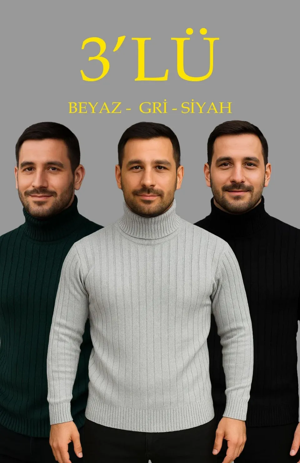 Erkek Fitilli Triko Kazak 3lÜ Set Gri Haki Siyah Regular Balıkcı Yaka Tam Boğazlı Triko Seti Modeli Kazak Somersan Giyim | Kadın, Erkek ve Çocuk Moda