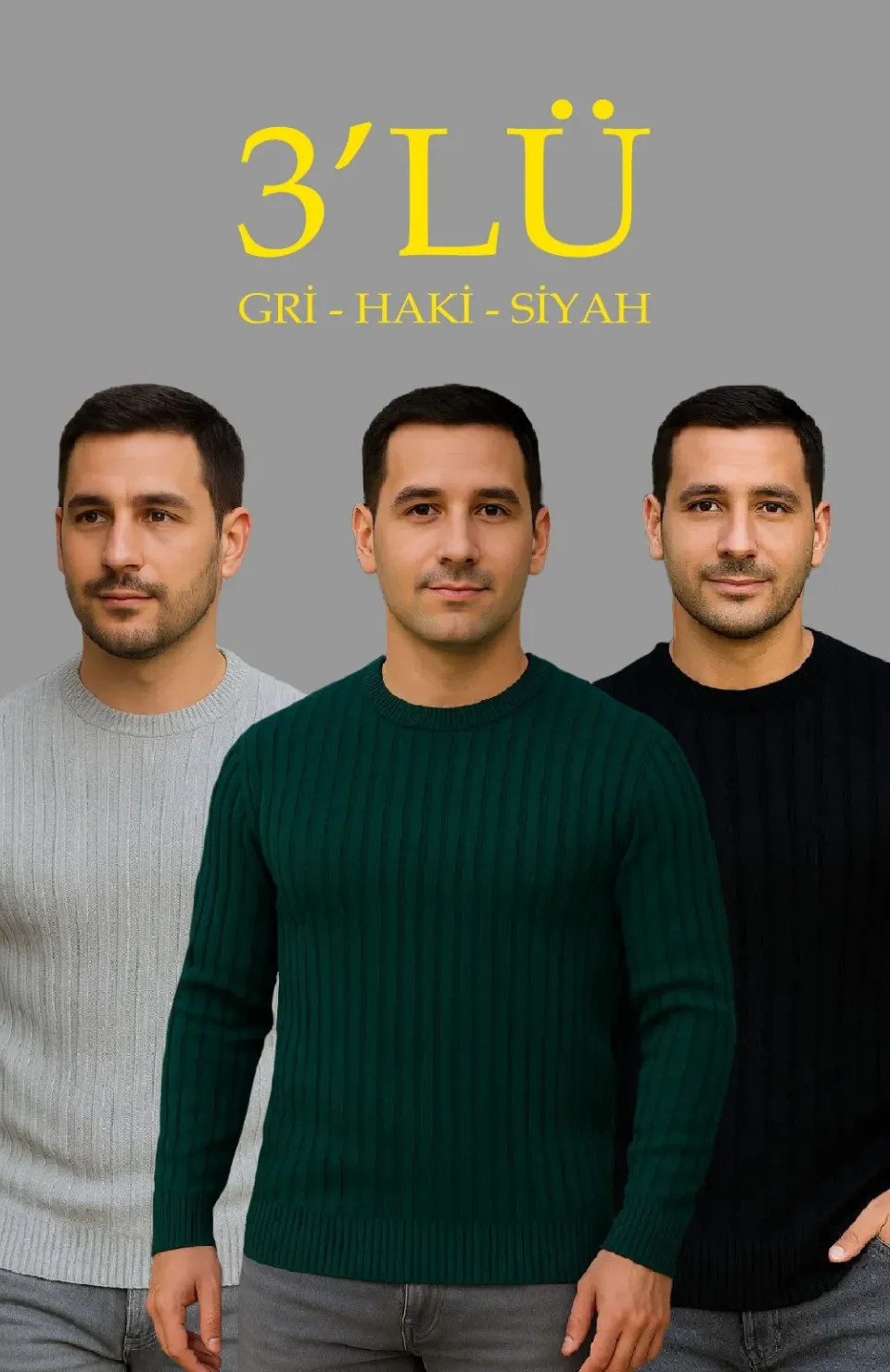 Erkek Fitilli Triko Kazak 3lü Set Gri Haki Siyah Regular Fit Bisiklet Yaka Triko Seti Modeli Kazak Somersan Giyim | Kadın, Erkek ve Çocuk Moda