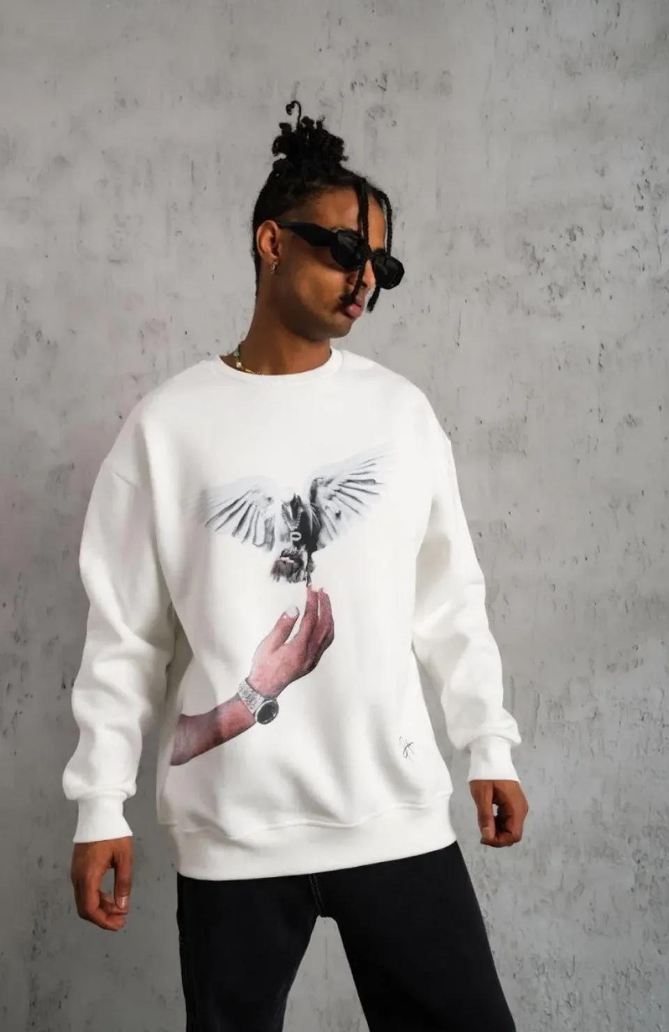 Erkek Güvercin Baskılı Sweatshirt - Beyaz Somersan Giyim | Kadın, Erkek ve Çocuk Moda