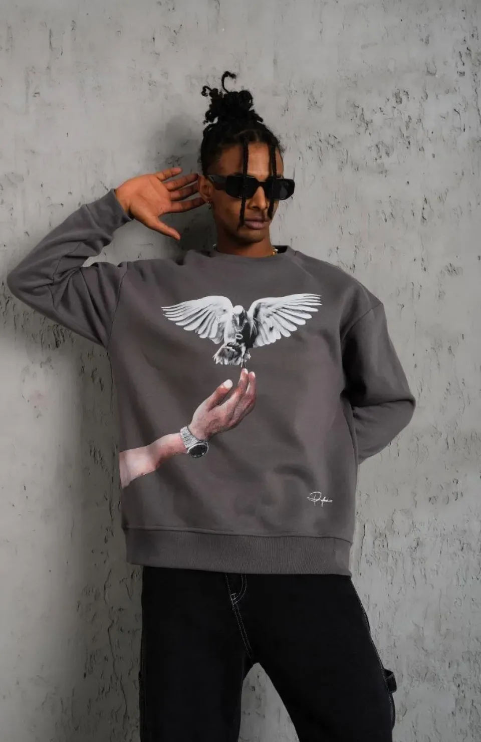 Erkek Güvercin Baskılı Sweatshirt - Gri Somersan Giyim | Kadın, Erkek ve Çocuk Moda