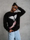 Erkek Güvercin Baskılı Sweatshirt - Siyah