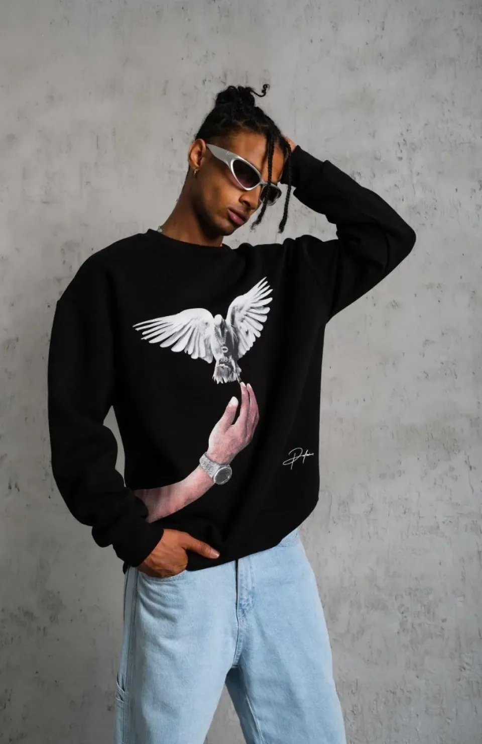 Erkek Güvercin Baskılı Sweatshirt - Siyah Somersan Giyim | Kadın, Erkek ve Çocuk Moda
