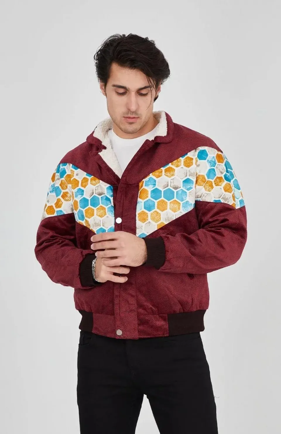 Erkek İçi Astarlı İçten Yaka Kısmı Peluşlu Beyaz Şeritli Vintage Ceket - Mürdüm