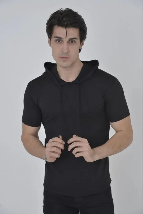 Erkek Kapşonlu Slim Fit T-shirt - Siyah