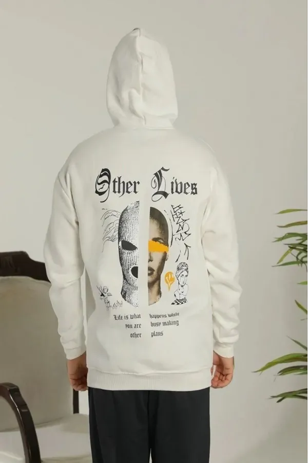 Erkek Kapşonlu Sweatshirt – Oversize Üç İplik Şardonlu Hoodie, “Other Lives” Ön & Arka Baskılı, Kanguru Cepli, Kışlık Rahat Günlük Stil - Beyaz