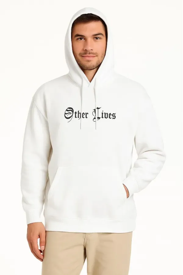 Erkek Kapşonlu Sweatshirt – Oversize Üç İplik Şardonlu Hoodie, “Other Lives” Ön & Arka Baskılı, Kanguru Cepli, Kışlık Rahat Günlük Stil - Beyaz