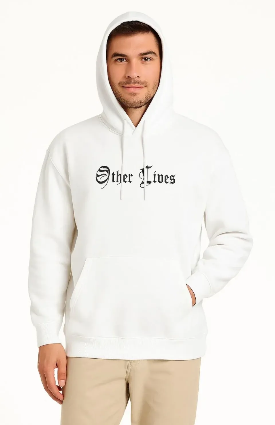Erkek Kapşonlu Sweatshirt – Oversize Üç İplik Şardonlu Hoodie, “Other Lives” Ön & Arka Baskılı, Kanguru Cepli, Kışlık Rahat Günlük Stil - Beyaz