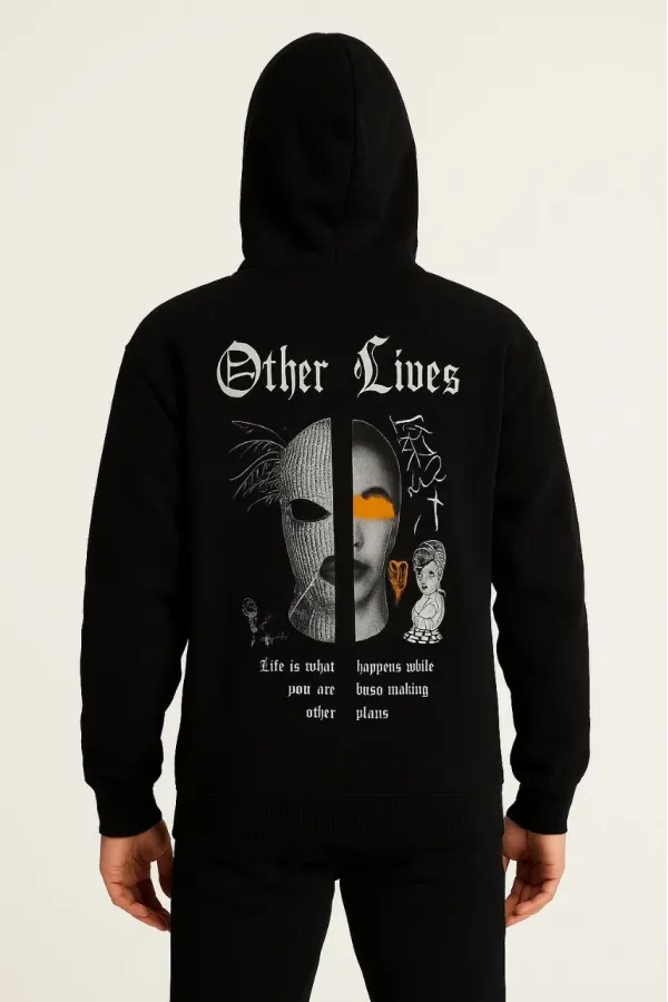Erkek Kapşonlu Sweatshirt – Oversize Üç İplik Şardonlu Hoodie, “Other Lives” Ön & Arka Baskılı, Kanguru Cepli, Kışlık Rahat Günlük Stil - Siyah