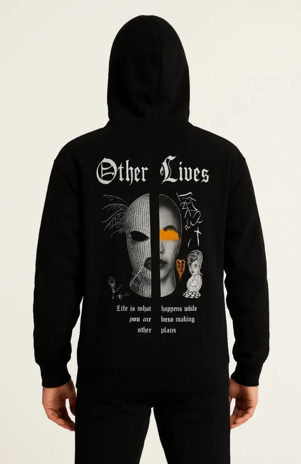 Erkek Kapşonlu Sweatshirt – Oversize Üç İplik Şardonlu Hoodie, “Other Lives” Ön & Arka Baskılı, Kanguru Cepli, Kışlık Rahat Günlük Stil - Siyah