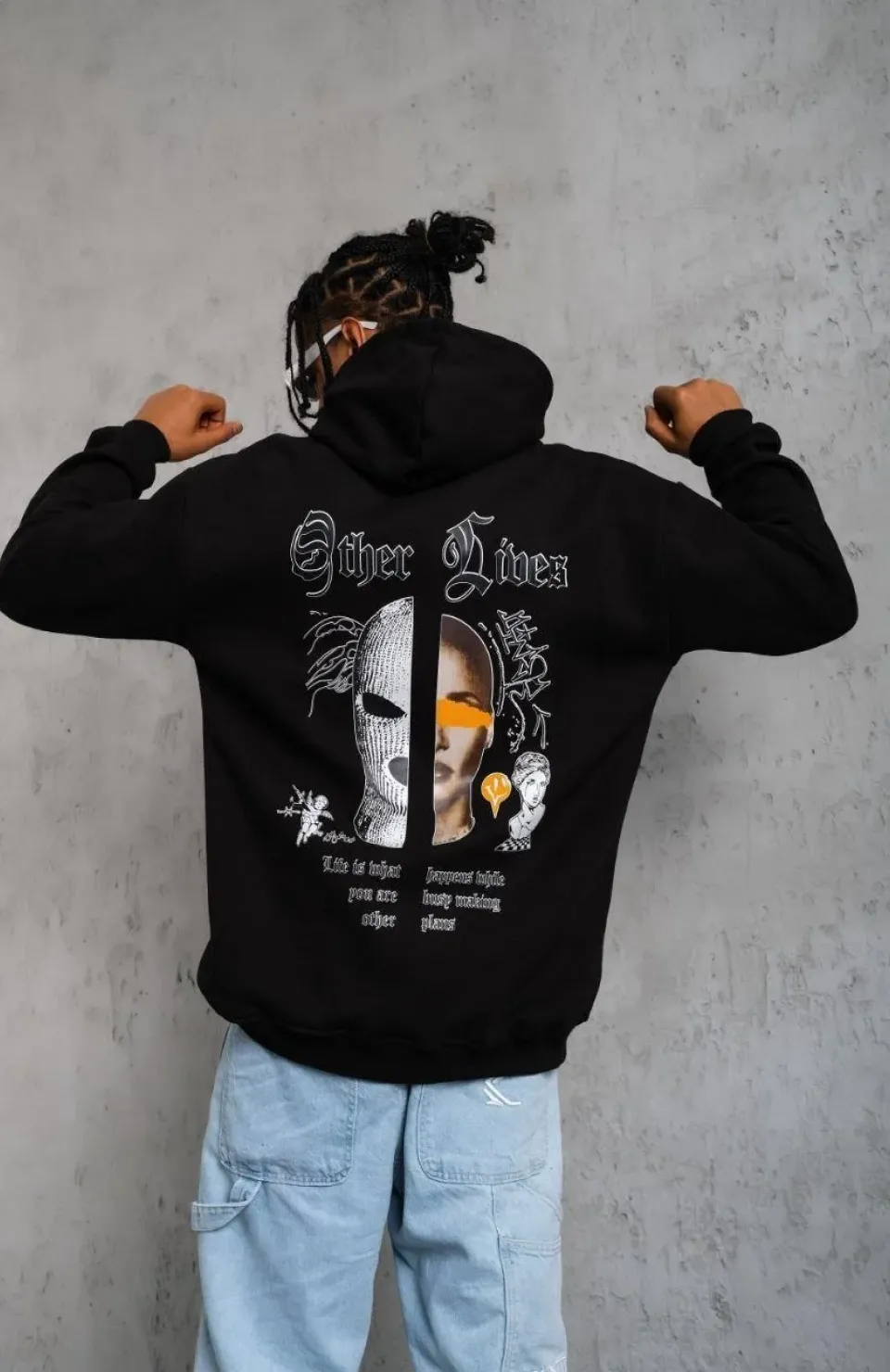 Erkek Kapşonlu Sweatshirt – Oversize Üç İplik Şardonlu Hoodie, “Other Lives” Ön & Arka Baskılı, Kanguru Cepli, Kışlık Rahat Günlük Stil - Siyah