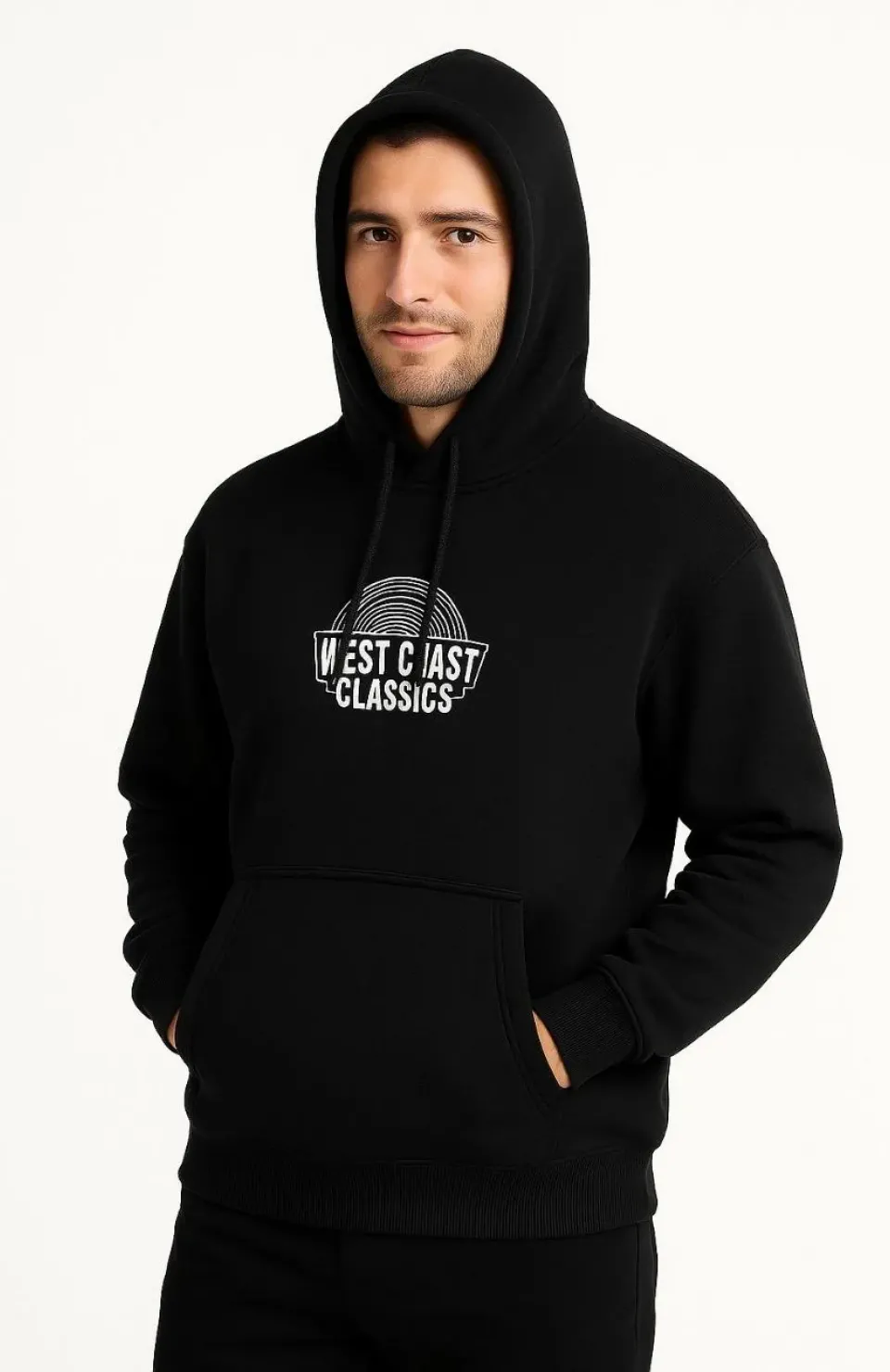 Erkek Kapşonlu Sweatshirt – Oversize Üç İplik Şardonlu Hoodie, “West Coast Classics” Ön & Arka Baskılı, Kanguru Cepli Kışlık Günlük Stil - Siyah