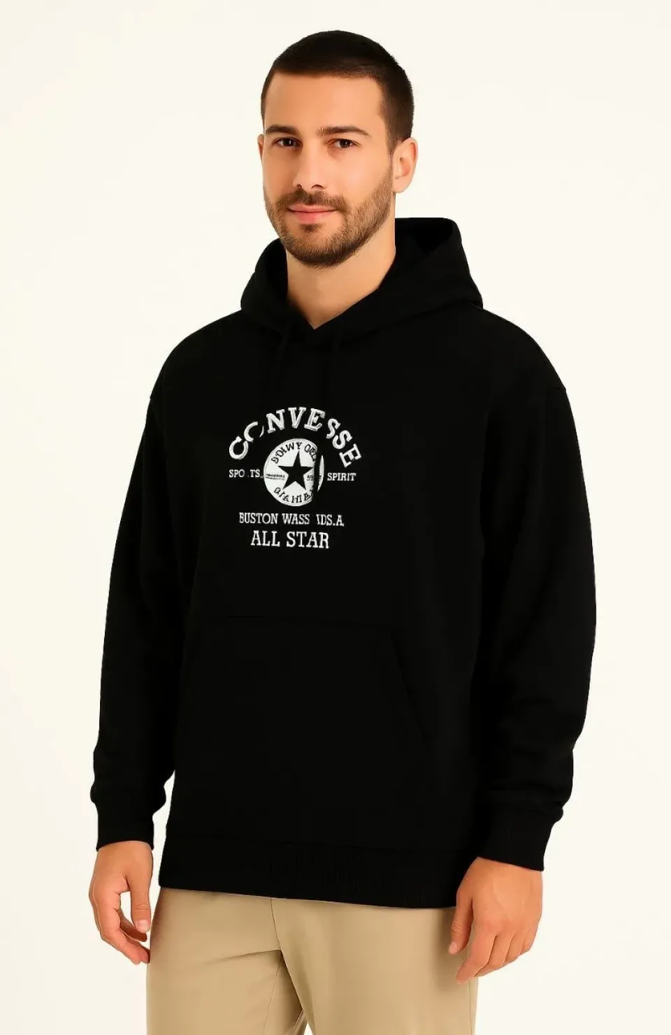 Erkek Kapşonlu Sweatshirt – Üç İplik Şardonlu Kumaş, Oversize Fit, Ön & Arka Baskılı, Kanguru Cepli, Kışlık Rahat Hoodie- Siyah