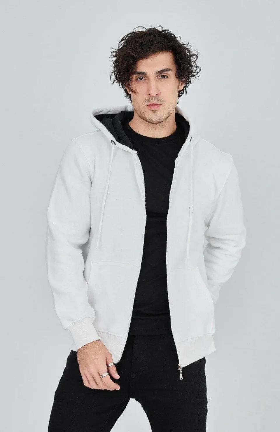 Erkek Kapüşonlu Düz Fermuarlı Hırka - Beyaz Somersan Giyim | Kadın, Erkek ve Çocuk Moda