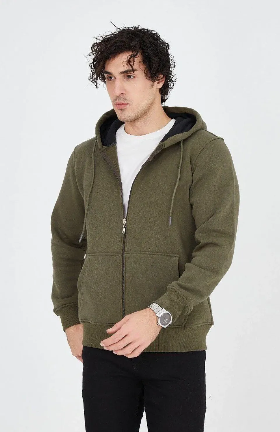 Erkek Kapüşonlu Düz Fermuarlı Hırka - Yeşil Somersan Giyim | Kadın, Erkek ve Çocuk Moda