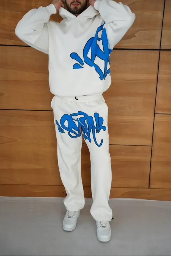 Erkek Kapüşonlu Eşofman Takım Graffiti Baskılı  Oversize Rahat Kalıp, Kanguru Cepli, Streetwear Tarzında Premium Ürün 3 iplik Pamuklu - Beyaz
