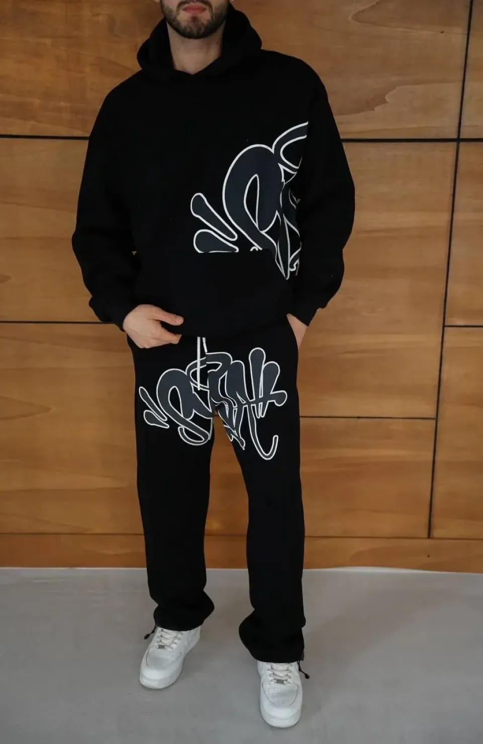 Erkek Kapüşonlu Eşofman Takım Graffiti Baskılı Oversize Rahat Kalıp, Kanguru Cepli, Streetwear Tarzında Premium Ürün 3 iplik Pamuklu - Siyah