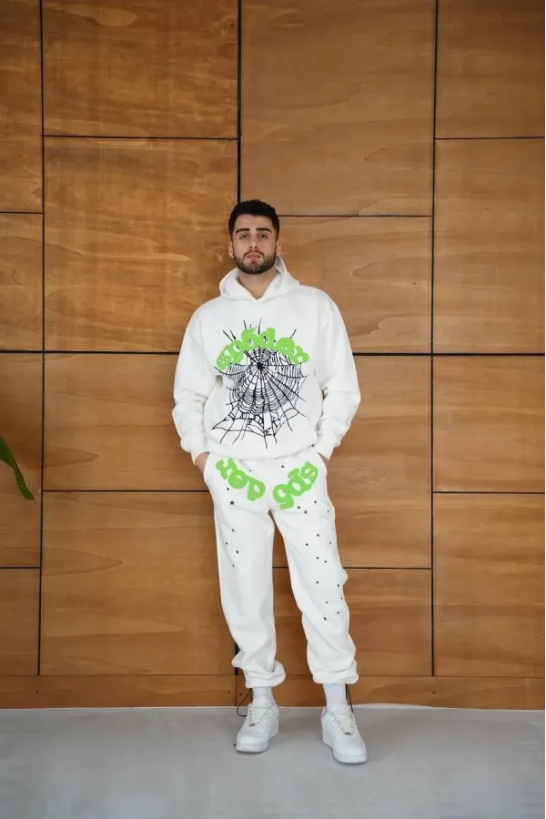 Erkek Kapüşonlu Eşofman Takım Örümcek Ağı ve Neon Yeşil Baskılı Kanguru cepli Oversize Rahat Kalıp, Premium Üç İplik Kumaş - Beyaz