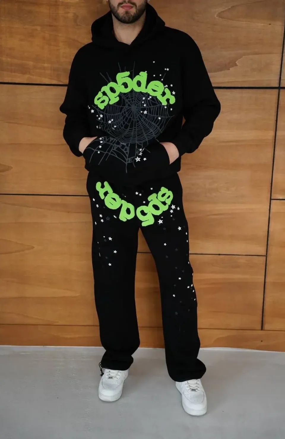 Erkek Kapüşonlu Eşofman Takım Örümcek Ağı ve Neon Yeşil Baskılı Kanguru cepli Oversize Rahat Kalıp, Premium Üç İplik Kumaş - Siyah