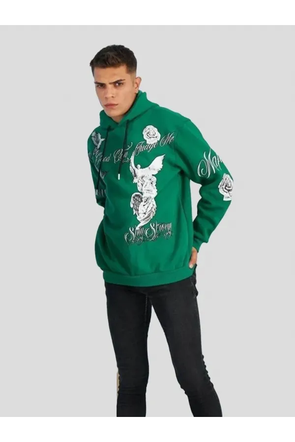 Erkek Kapüşonlu Strong Heykel Baskılı Sweatshirt - Yeşil