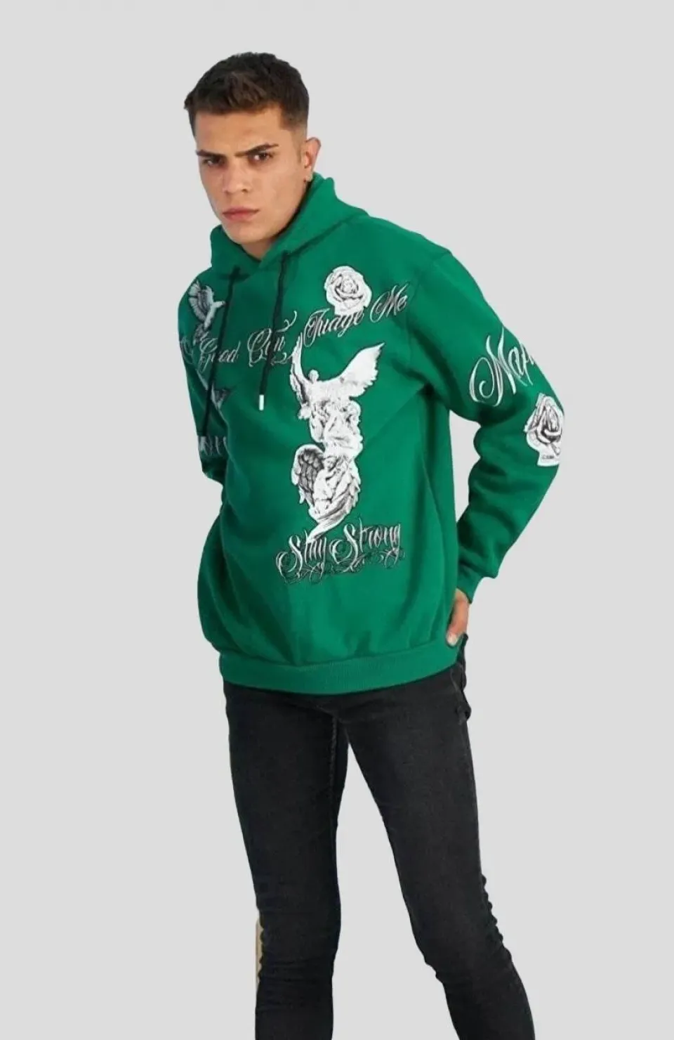 Erkek Kapüşonlu Strong Heykel Baskılı Sweatshirt - Yeşil