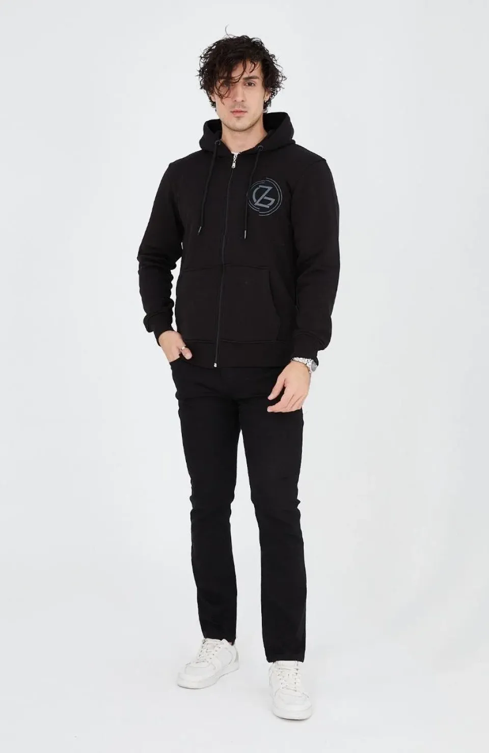 Erkek Kapüşonlu Z Baskılı Fermuarlı Hırka - Siyah Somersan Giyim | Kadın, Erkek ve Çocuk Moda