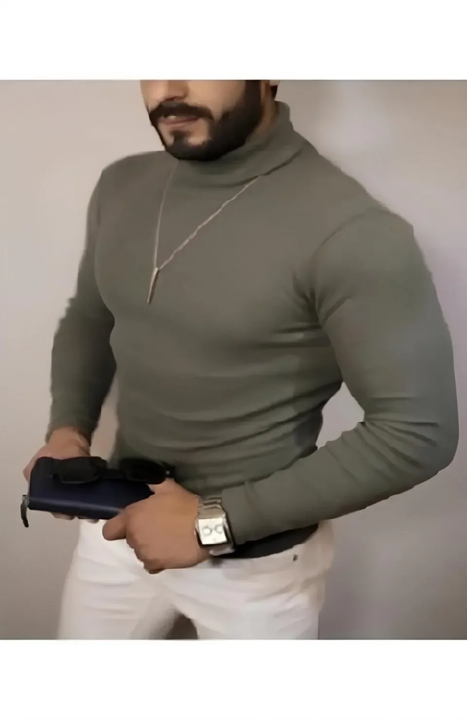 Erkek Kaşkorse Boğazlı Full Likralı Fitilli Body Kazak - Haki