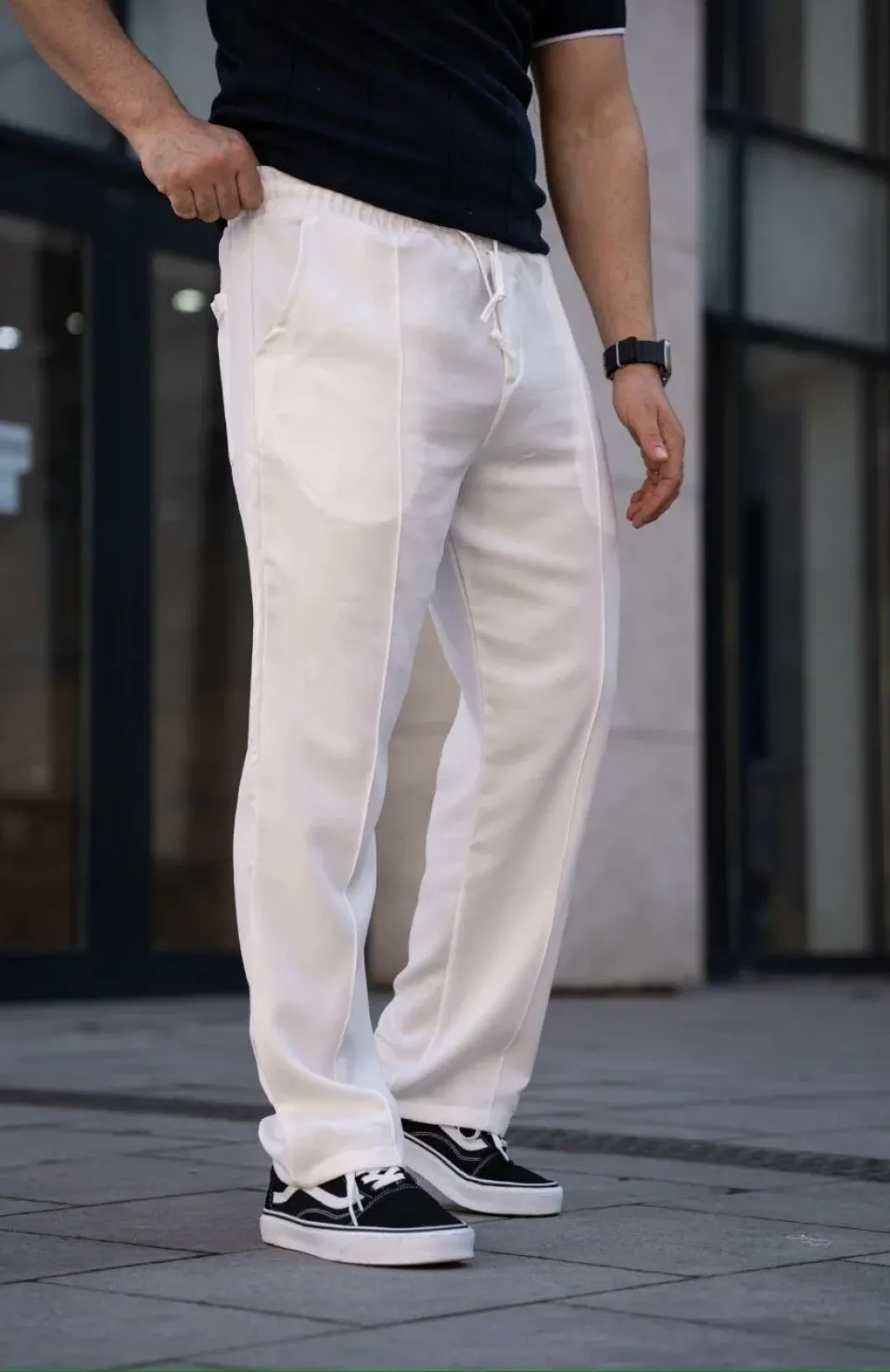 Erkek Keten Cepli Çıma Dikişli jogger Buggy Pantalon Rahat kalıp - Beyaz