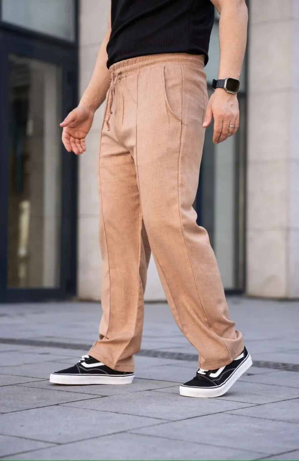 Erkek Keten Cepli Çıma Dikişli jogger Buggy Pantalon Rahat kalıp - Kahverengi