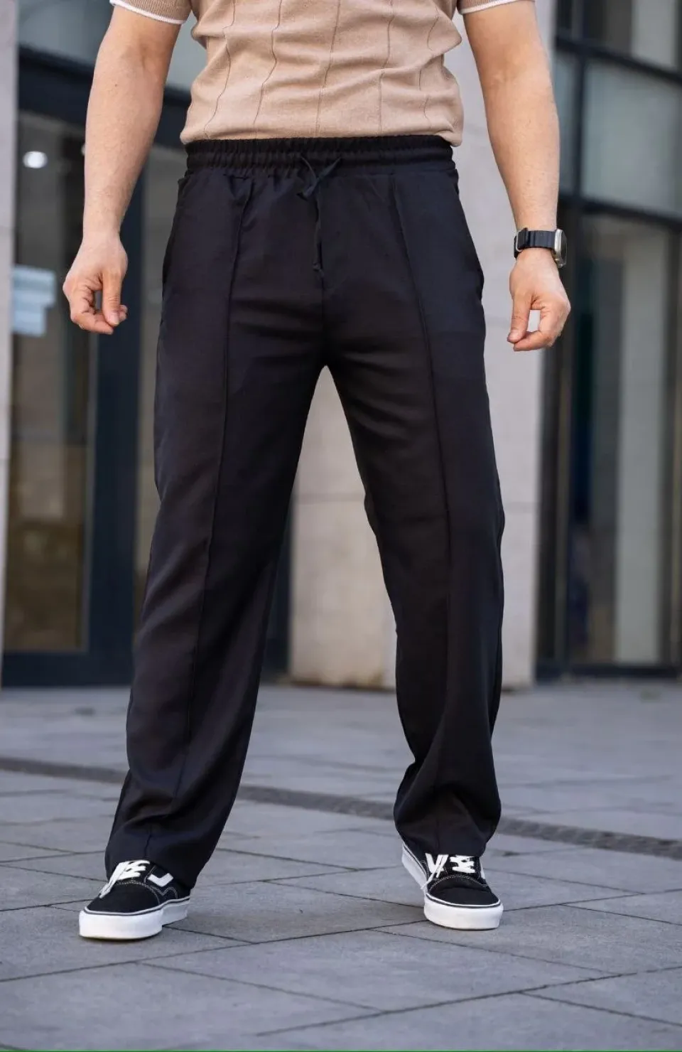 Erkek Keten Cepli Çıma Dikişli jogger Buggy Pantalon Rahat kalıp - Siyah