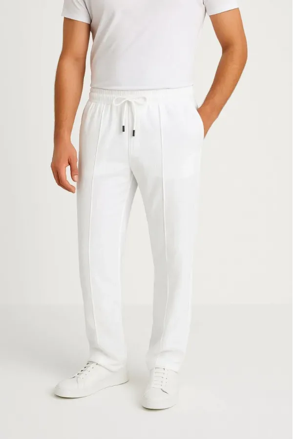 Erkek Keten Pantolon – Cepli, Beli Lastikli ve Bağcıklı, Nefes Alan Rahat Kalıp, Yazlık ve Baharlık Günlük Giyim, Şık & Konforlu Boru Paça Model - Beyaz