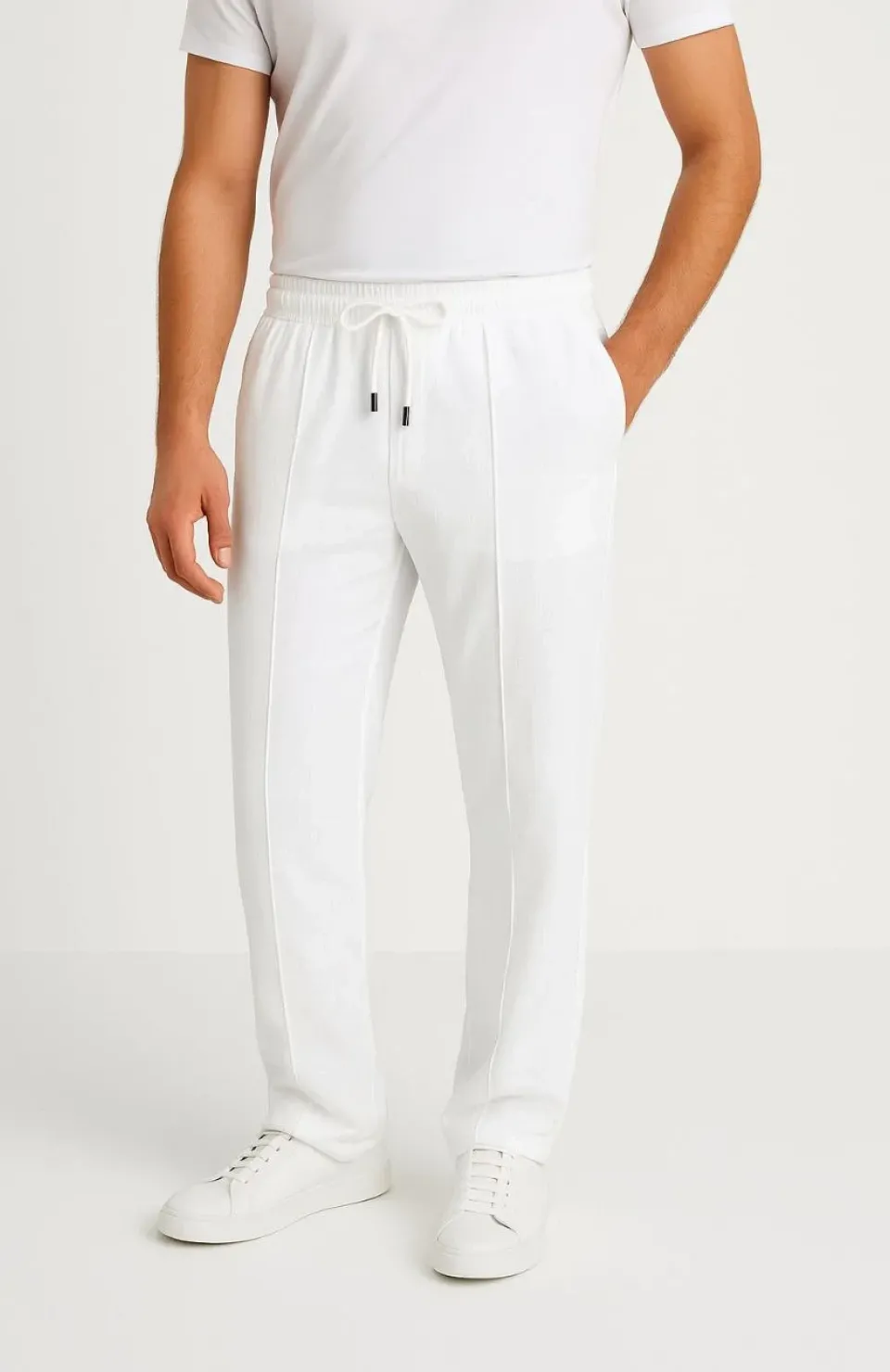 Erkek Keten Pantolon – Cepli, Beli Lastikli ve Bağcıklı, Nefes Alan Rahat Kalıp, Yazlık ve Baharlık Günlük Giyim, Şık & Konforlu Boru Paça Model - Beyaz