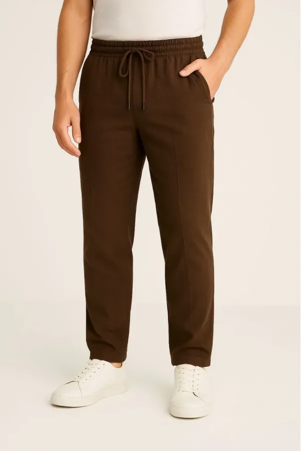 Erkek Keten Pantolon – Cepli, Beli Lastikli ve Bağcıklı, Nefes Alan Rahat Kalıp, Yazlık ve Baharlık Günlük Giyim, Şık & Konforlu Boru Paça Model - Kahverengi