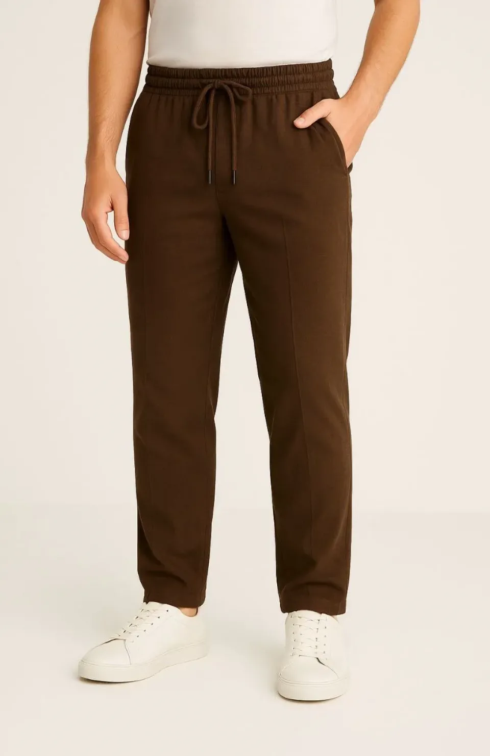 Erkek Keten Pantolon – Cepli, Beli Lastikli ve Bağcıklı, Nefes Alan Rahat Kalıp, Yazlık ve Baharlık Günlük Giyim, Şık & Konforlu Boru Paça Model - Kahverengi