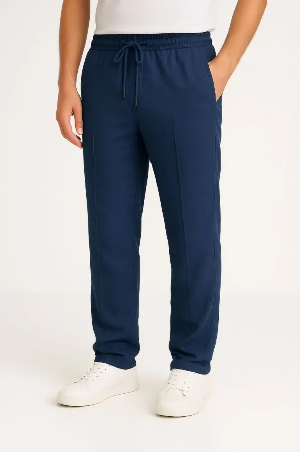 Erkek Keten Pantolon – Cepli, Beli Lastikli ve Bağcıklı, Nefes Alan Rahat Kalıp, Yazlık ve Baharlık Günlük Giyim, Şık & Konforlu Boru Paça Model - Lacivert