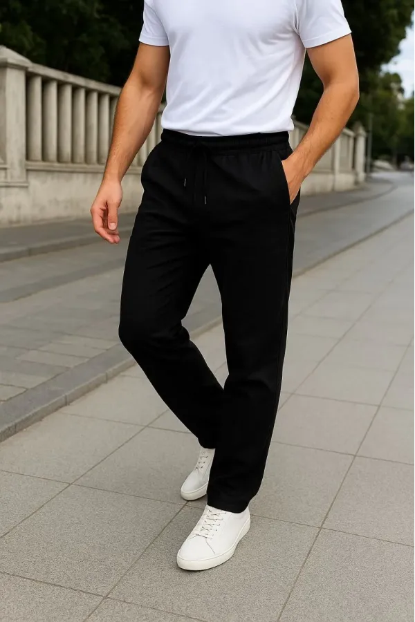 Erkek Keten Pantolon – Cepli, Beli Lastikli ve Bağcıklı, Nefes Alan Rahat Kalıp, Yazlık ve Baharlık Günlük Giyim, Şık & Konforlu Boru Paça Model - Siyah