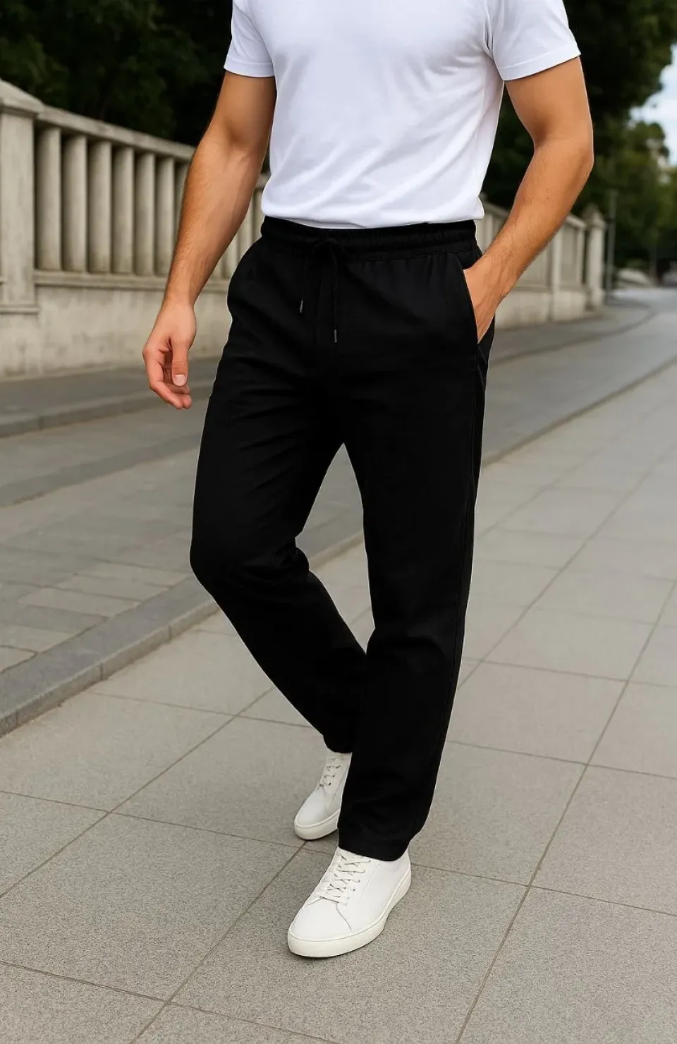 Erkek Keten Pantolon – Cepli, Beli Lastikli ve Bağcıklı, Nefes Alan Rahat Kalıp, Yazlık ve Baharlık Günlük Giyim, Şık & Konforlu Boru Paça Model - Siyah