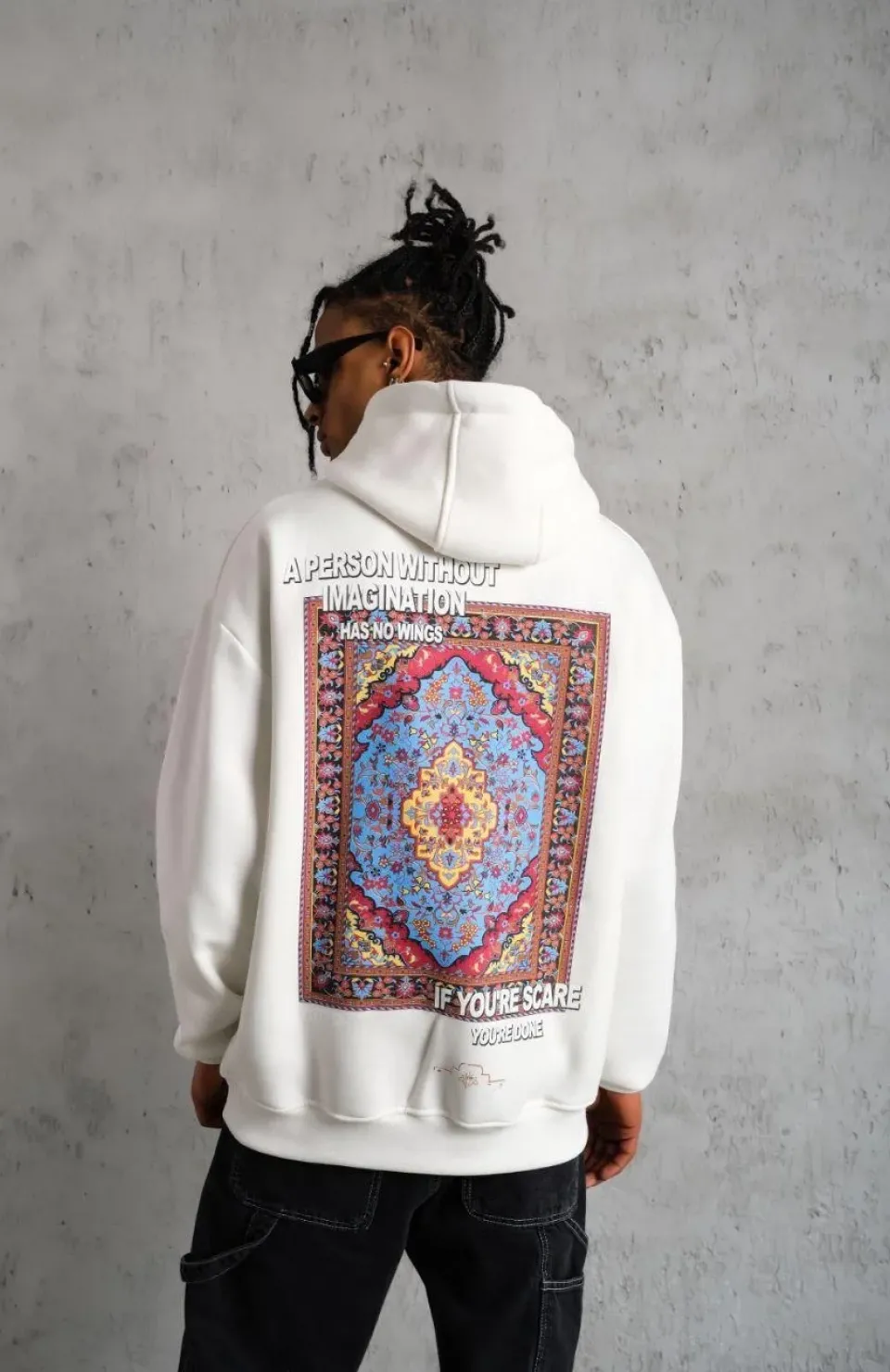 Erkek Kilim Desen Kapüşonlu Sweat- Beyaz Somersan Giyim | Kadın, Erkek ve Çocuk Moda