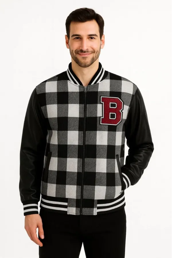 Erkek Kolej Ceket – Kareli Oduncu Kumaş, Kolları Suni Deri, Fermuarlı, İçi Kapitone Astarlı, Nakışlı Oversize Bahar & Kış Stil - Gri