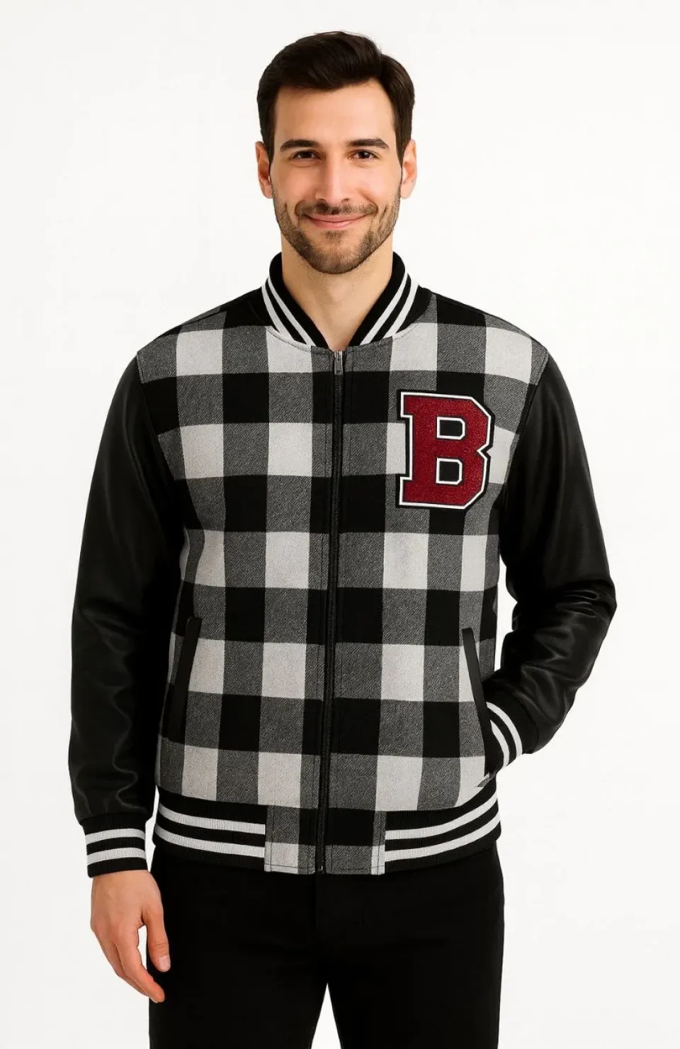 Erkek Kolej Ceket – Kareli Oduncu Kumaş, Kolları Suni Deri, Fermuarlı, İçi Kapitone Astarlı, Nakışlı Oversize Bahar & Kış Stil - Gri