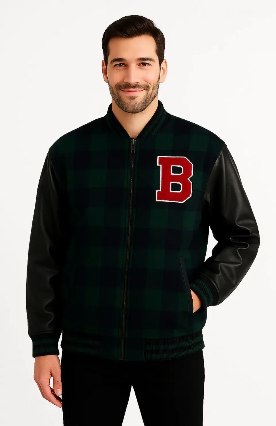 Erkek Kolej Ceket – Kareli Oduncu Kumaş, Kolları Suni Deri, Fermuarlı, İçi Kapitone Astarlı, Nakışlı Oversize Bahar & Kış Stil - Haki